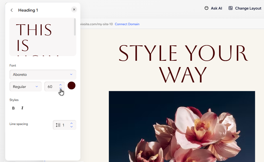 The heading 1 text style is being edited. The cursor is clicking the sizing option to make text smaller.