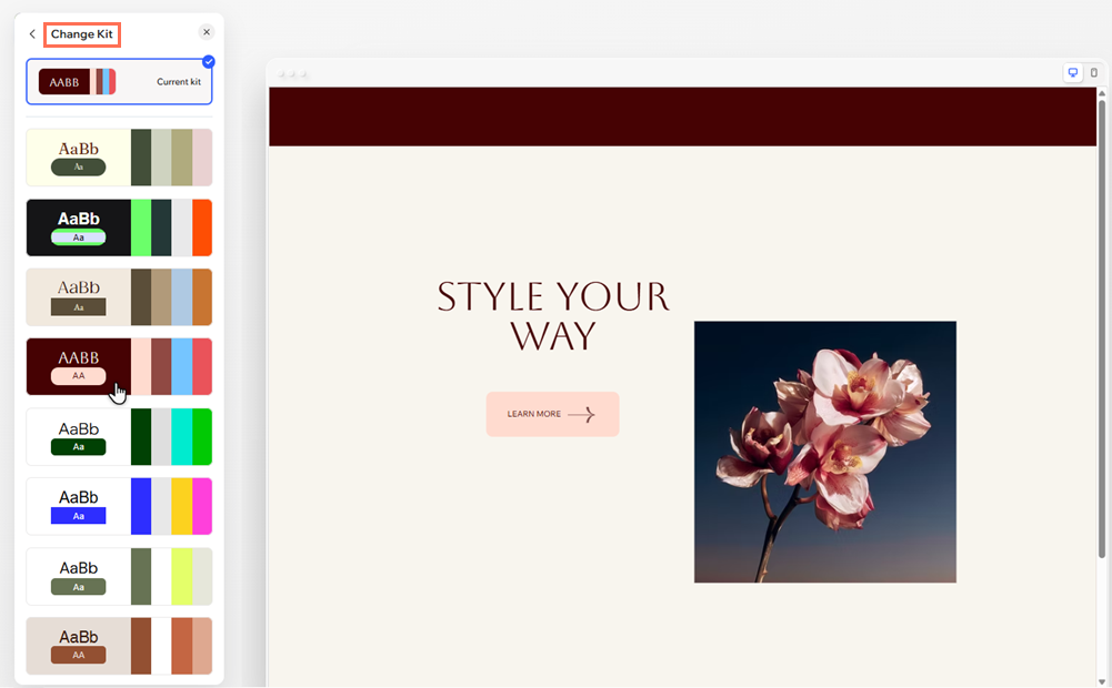 The kit tab in the brand panel is open. The cursor is clicking a kit, previewing what it looks like on the site.