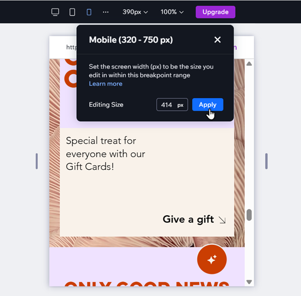 モバイルのブレイクポイントで編集サイズを変更し、「適用する」をクリックする様子を示したスクリーンショット。