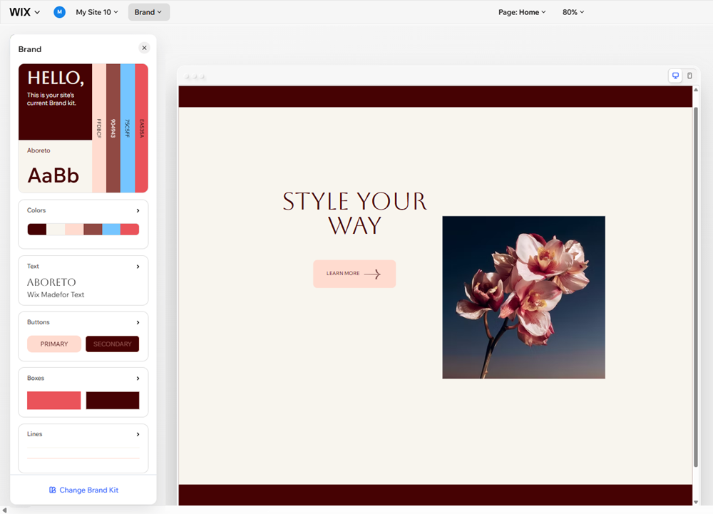 The Brand panel is open in the editor, showing the kit, colors, text, buttons. and boxes tabs.