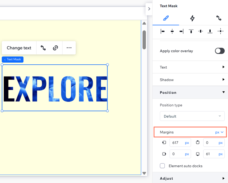 要素設定パネルの「配置」セクションで、マージンの単位を選択できるドロップダウンがハイライトされている様子を示したスクリーンショット。
