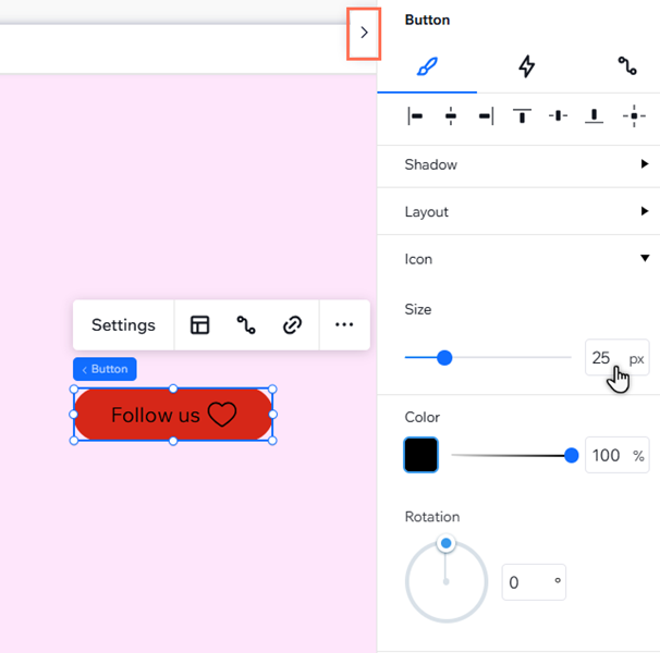El panel Inspector profesional está abierto para un botón. El cursor ajusta el tamaño del icono del botón.