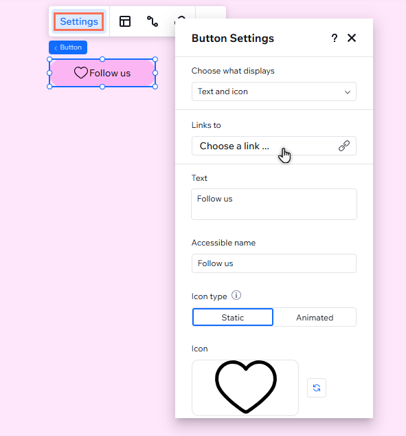 El panel de ajustes está abierto para un botón y muestra las opciones. El cursor hace clic en el campo para configurar el enlace.