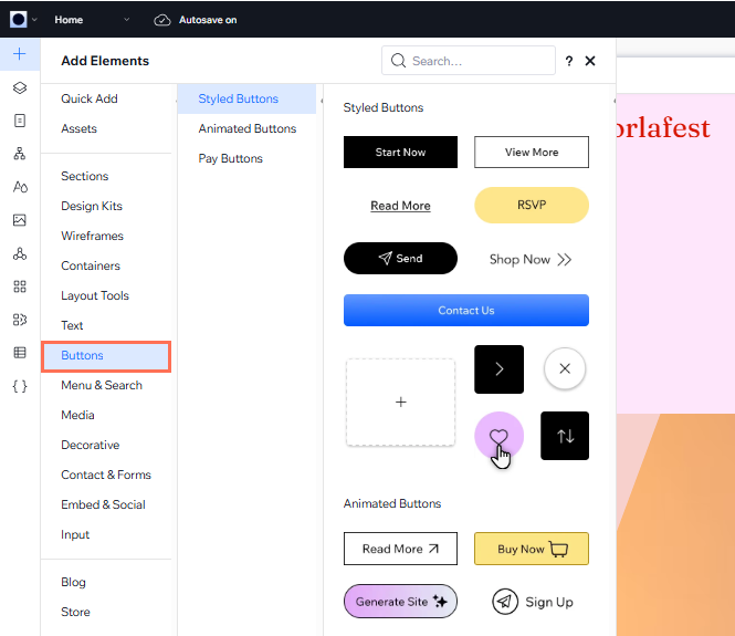 La pestaña Botones está abierta en el panel Agregar elementos. El cursor está seleccionando un botón.