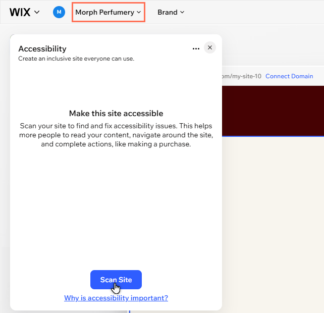 A cropped view of the harmony editor. The wizard has been accessed from the site dropdown, and the cursor is clicking Scan.