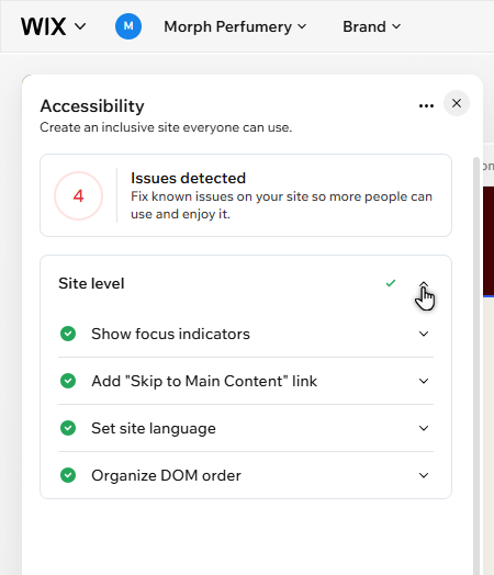 A cropped view of the wizard, showing the site level tasks dropdown.