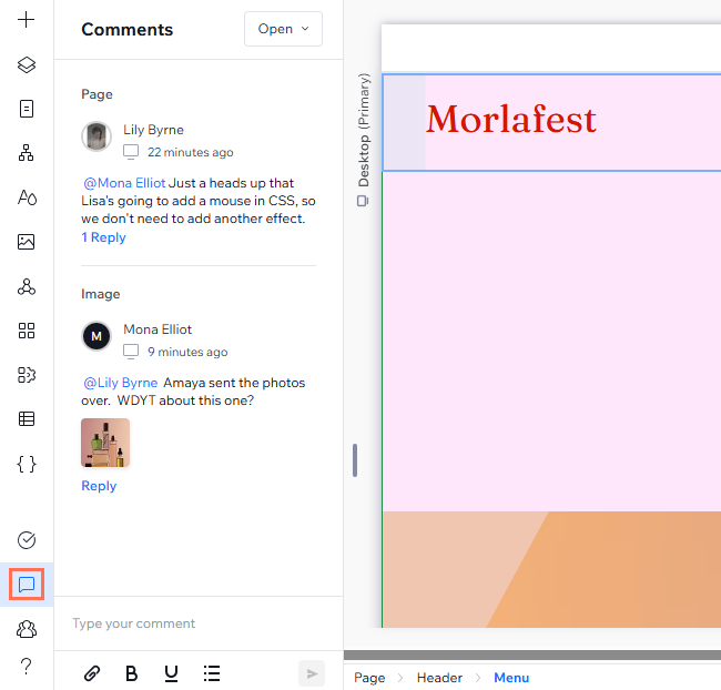 The comments panel is open, displaying two comments from collaborators