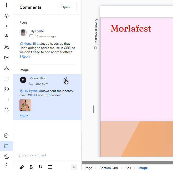 The comments panel is open. The icon to open the panel is highlighted. The cursor is hovering over the resolve icon.