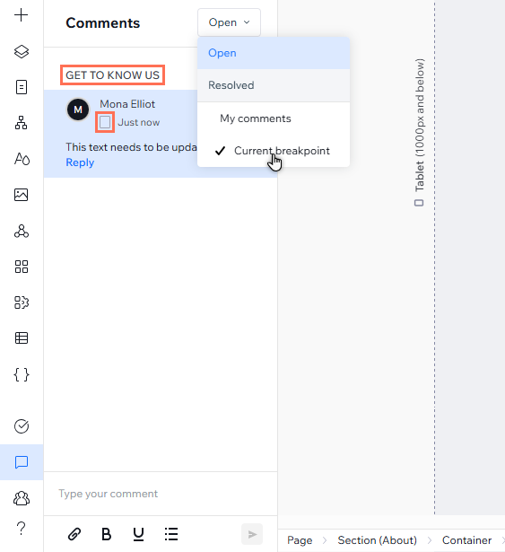 The comments panel is open. The drop-down is open, and the cursor is clicking current breakpoint.