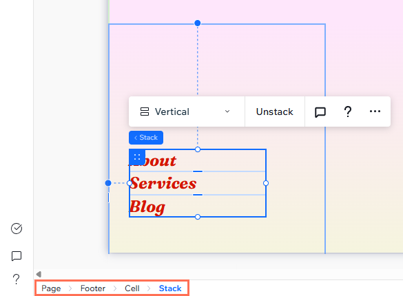 Ein Screenshot der Breadcrumbs-Leiste im Studio Editor, der ein Stack-Element und seine vollständige Hierarchie zeigt