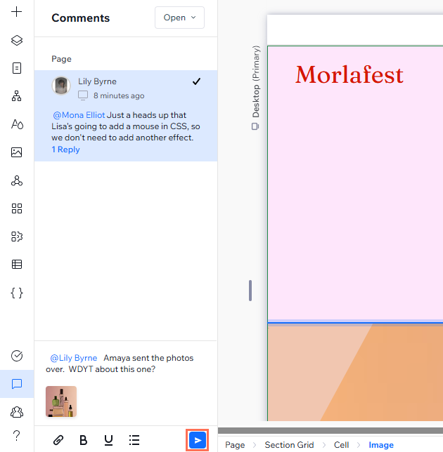 The comments panel is open. A tagged comment has been typed, and an image is attached. The post comment icon is highlighted.