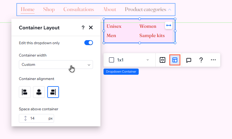 Das Layout des Dropdown-Containers wird geöffnet und zeigt die Optionen an. Die individuelle Breite wurde ausgewählt.