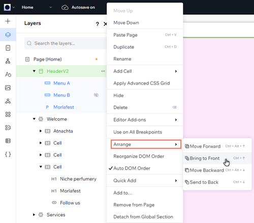 The layers panel is open. The header has been selected, and the cursor is selecting to bring it to the front.