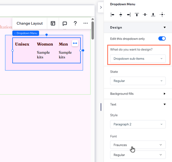 Der Inspektor für ein Dropdown-Menü. Die Option „Was möchtest du gestalten?“ ist hervorgehoben.