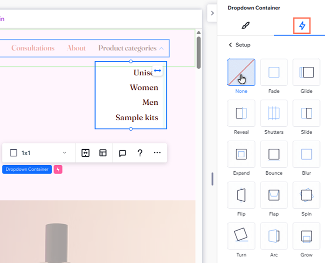 Der Animations-Tab ist für ein Dropdown im Inspektor geöffnet. Der Cursor klickt auf 'Keine'.