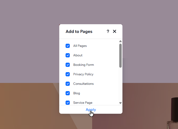 Ein zugeschnittener Screenshot, der das Panel „Hinzufügen“ anzeigt. Alle Seiten sind ausgewählt, und der Cursor klickt auf „Anwenden“.