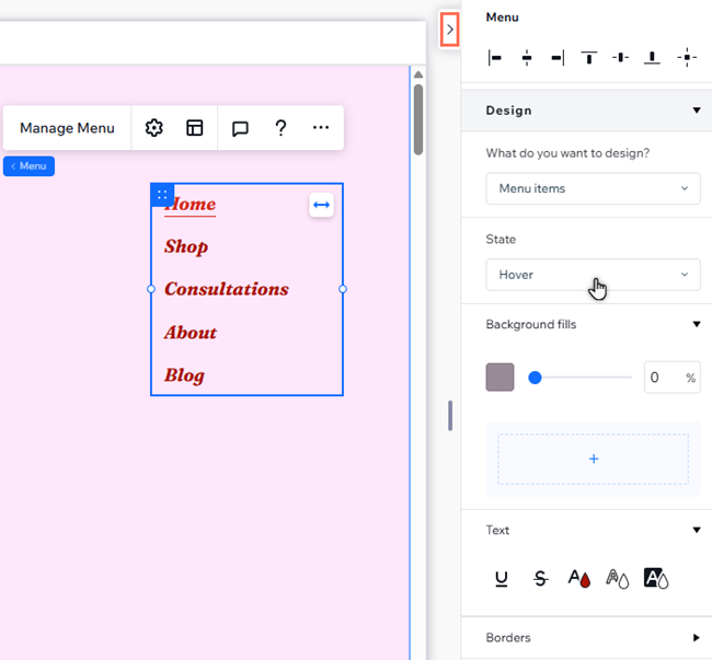 Der Inspektor ist für ein Menü geöffnet und zeigt die Design-Optionen an. Der Cursor hat den Zustand „Mouseover“ ausgewählt.