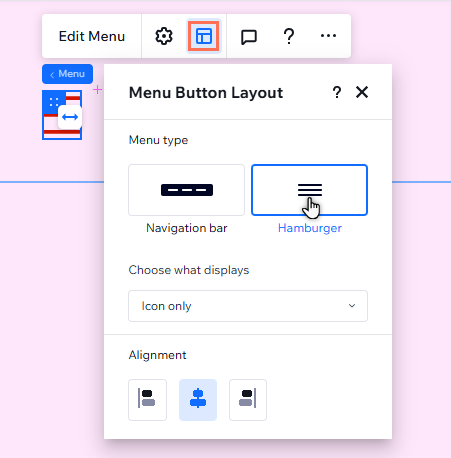 A cropped view of the menu layout panel. The cursor has clicked the Hamburger menu type.