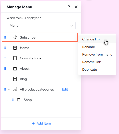 An anchor item has been selected in the Manage menu panel. The cursor is clicking Change link.