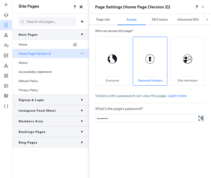 Screenshot del pannello Impostazioni della pagina, con la scheda di accesso aperta e una password definita per la pagina