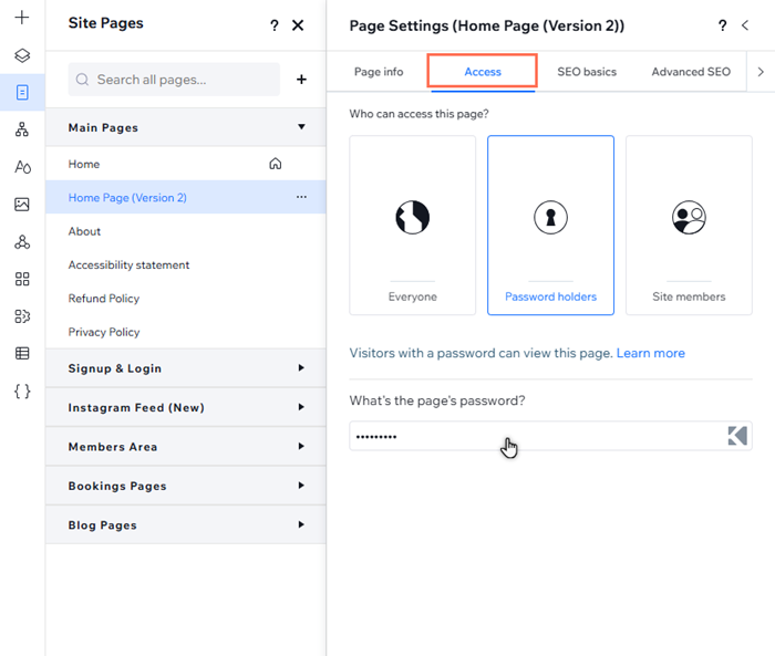 La scheda accesso è stata aperta nelle impostazioni di una pagina ed è stata inserita una password