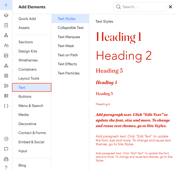The Text tab of the Add Elements panel has been opened in the Editor. The text styles options are displayed.