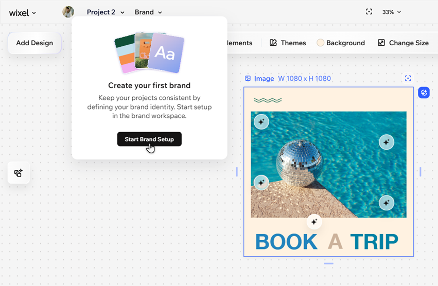 A project is open in Wixel. The brand dropdown is selected, and the cursor is clicking Start Brand Setup.