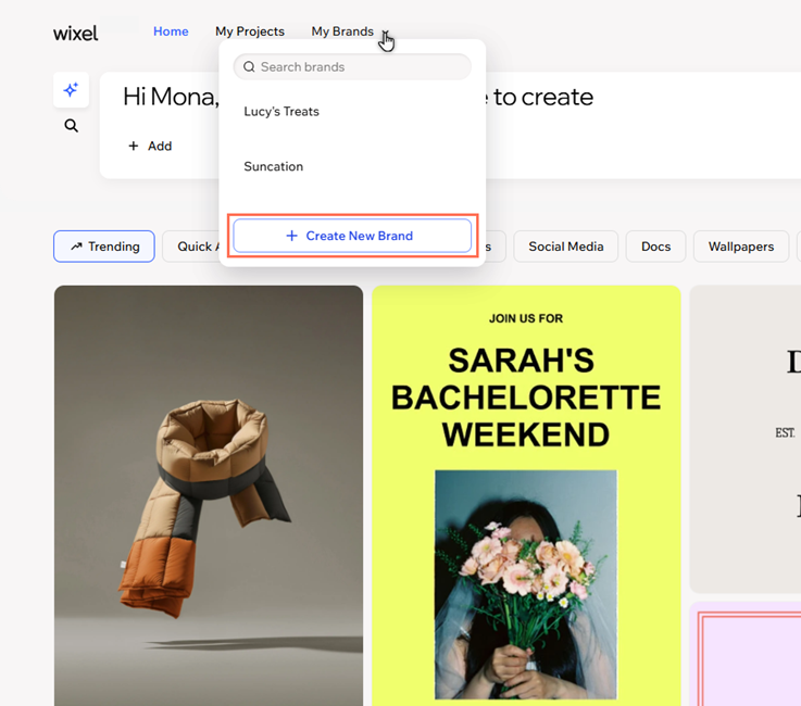 The brands dropdown has been opened on the wixel home page. The create new brand option is highlighted.