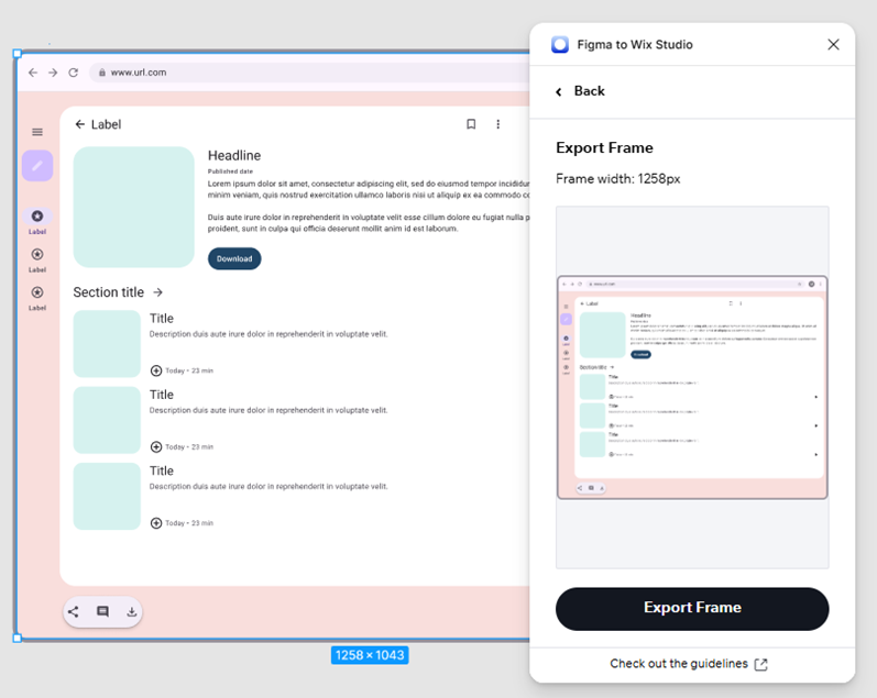 Uma captura de tela do plugin do Wix Studio no Figma, mostrando o frame a ser exportado.