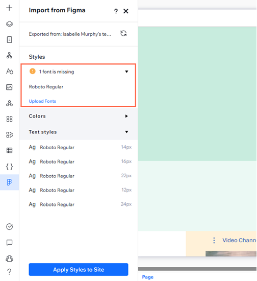 O painel Importar do Figma no Editor do Wix Studio ao importar estilos, destacando um erro de fontes ausentes