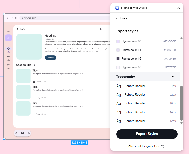 Uma captura de tela do plugin do Wix Studio no Figma, exibindo os estilos a serem exportados.