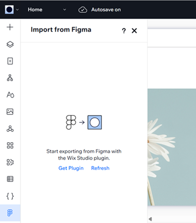 Uma captura de tela do painel Importar do Figma no Editor do Wix Studio sendo aberto nas ferramentas.