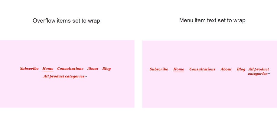 Uma comparação mostrando a opção atual para ajustar item excedido e um exemplo do texto do item definido para ajustar.