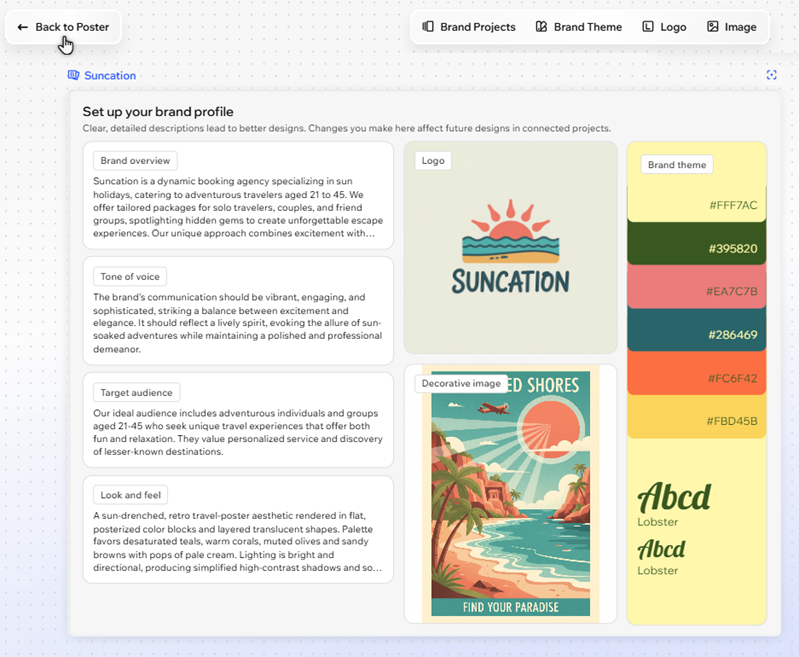 The 'Back to project' button is being clicked at the top of the brand profile.