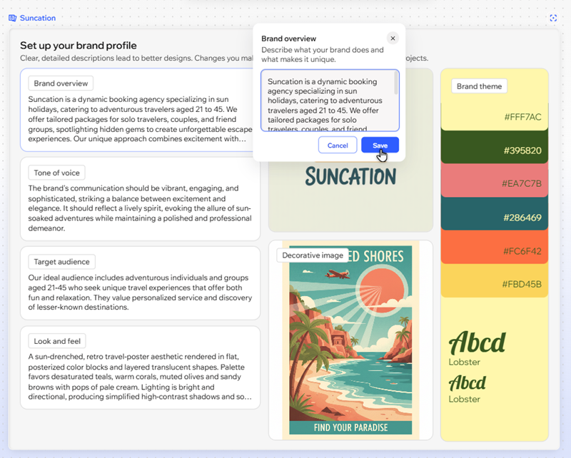The brand overview field has been selected, and the cursor is clicking to save changes to the text.