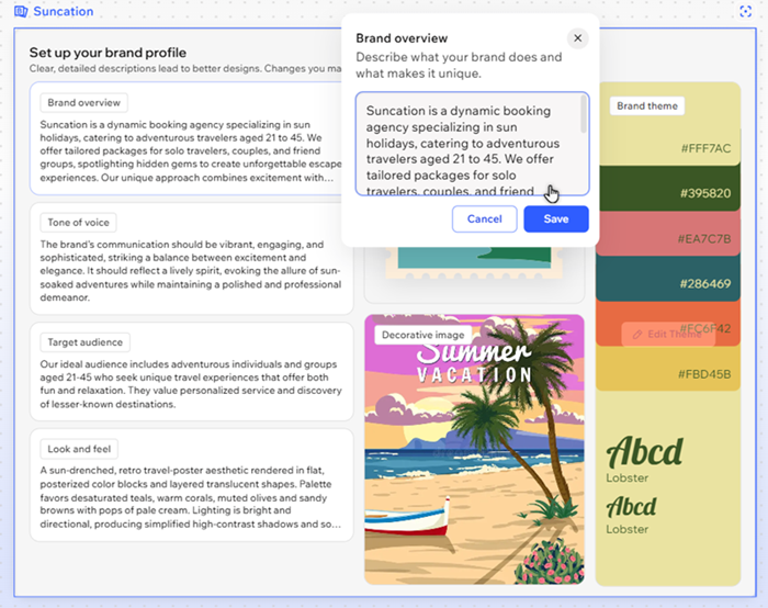 The brand overview field has been selected, and the cursor is clicking to save changes to the text.