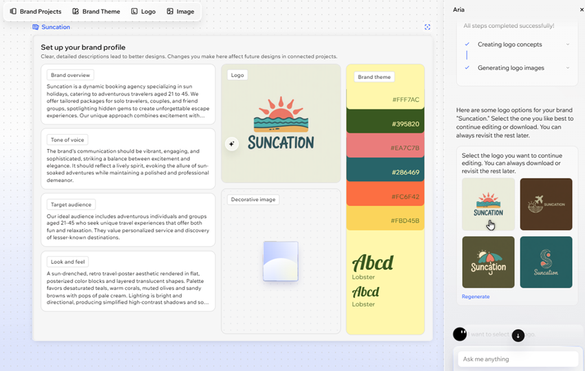 The brand creation process. Aria has generated some logos in the chat, and the cursor is clicking one.