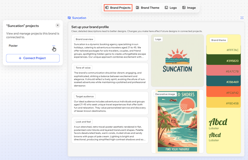 The brand projects panel is open in the workspace. The cursor is clicking the more actions icon on a connected project.