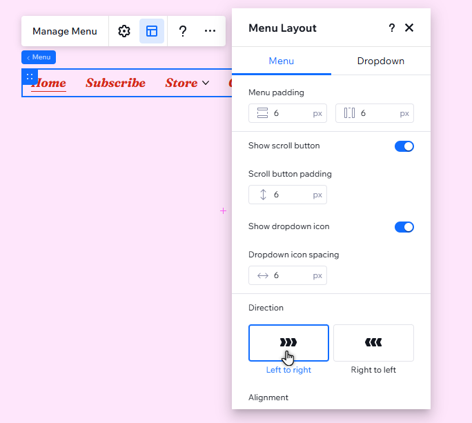 The layout panel is open on a horizontal menu. The cursor is clicking the left to right direction.