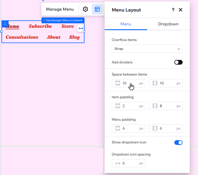 The layout panel is open for a vertical hamburger menu. The cursor is clicking the space between items option.