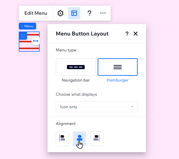 The layout panel is open for the hamburger menu icon. The cursor is clicking the center alignment option.