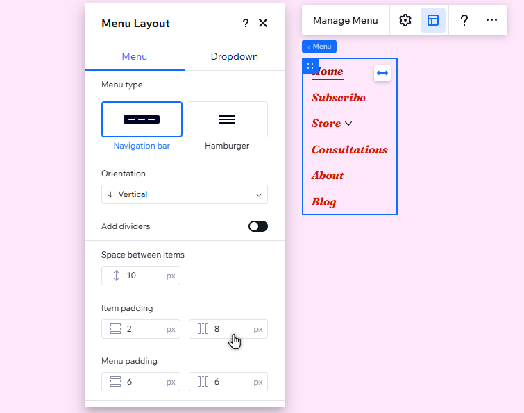 The layout panel is open for a vertical menu. The cursor is clicking the vertical padding option.