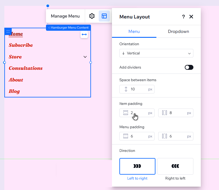 The layout panel is open for a vertical hamburger menu. The cursor is clicking the horizontal padding option.