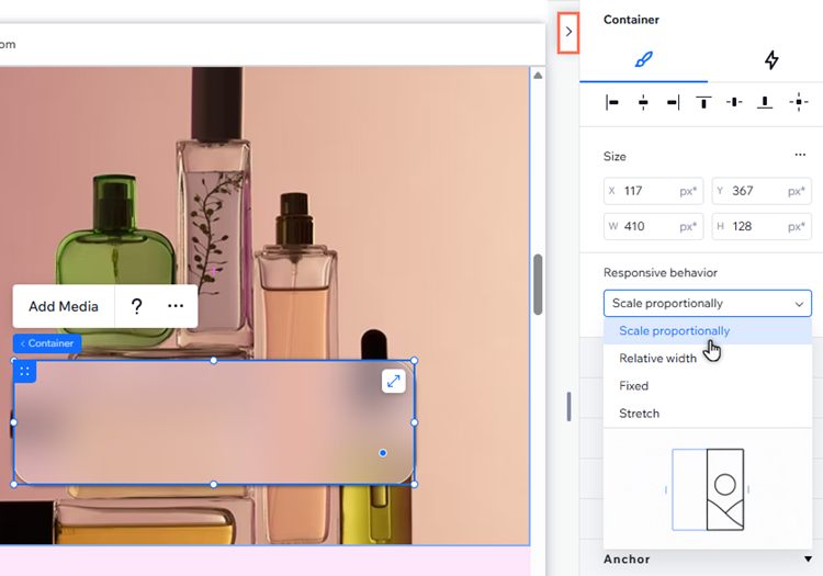 Un contenitore nell'area di lavoro dell'Editor Studio, accanto al pannello Ispezione. Il mouse clicca sul menu a tendina del comportamento responsivo