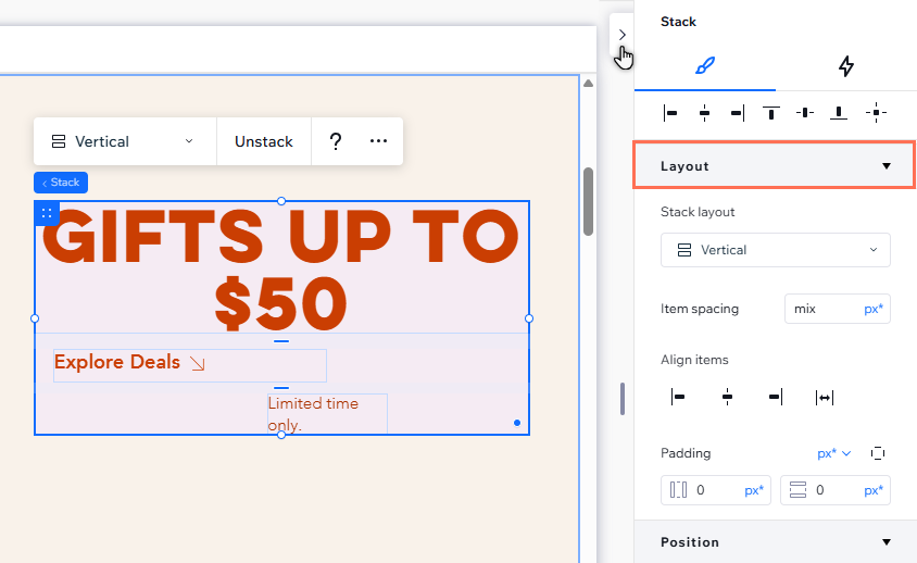Uma pilha na tela ao lado do painel Inspetor, destacando a seção de layout