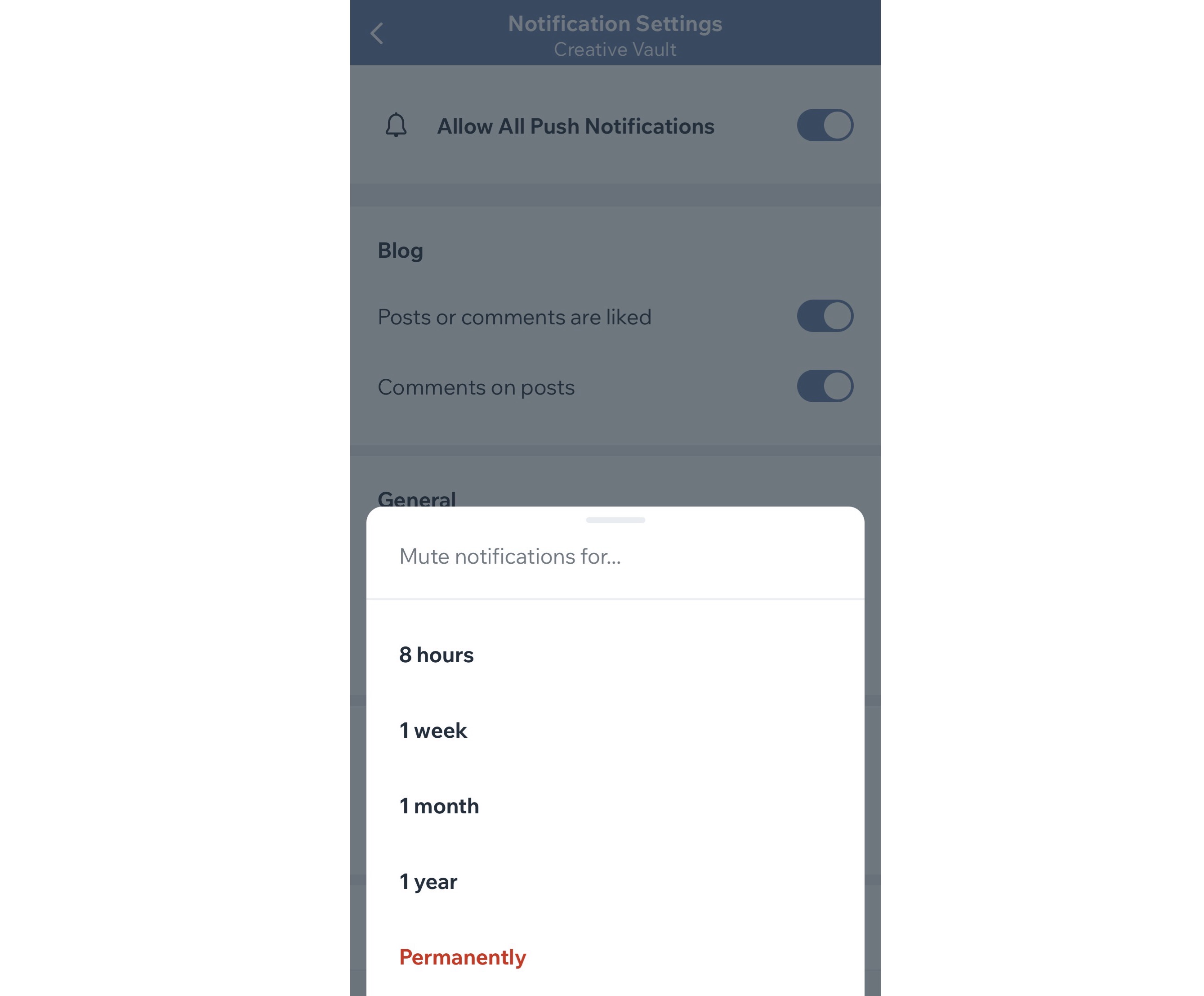 Muting notifications in the Spaces by Wix app