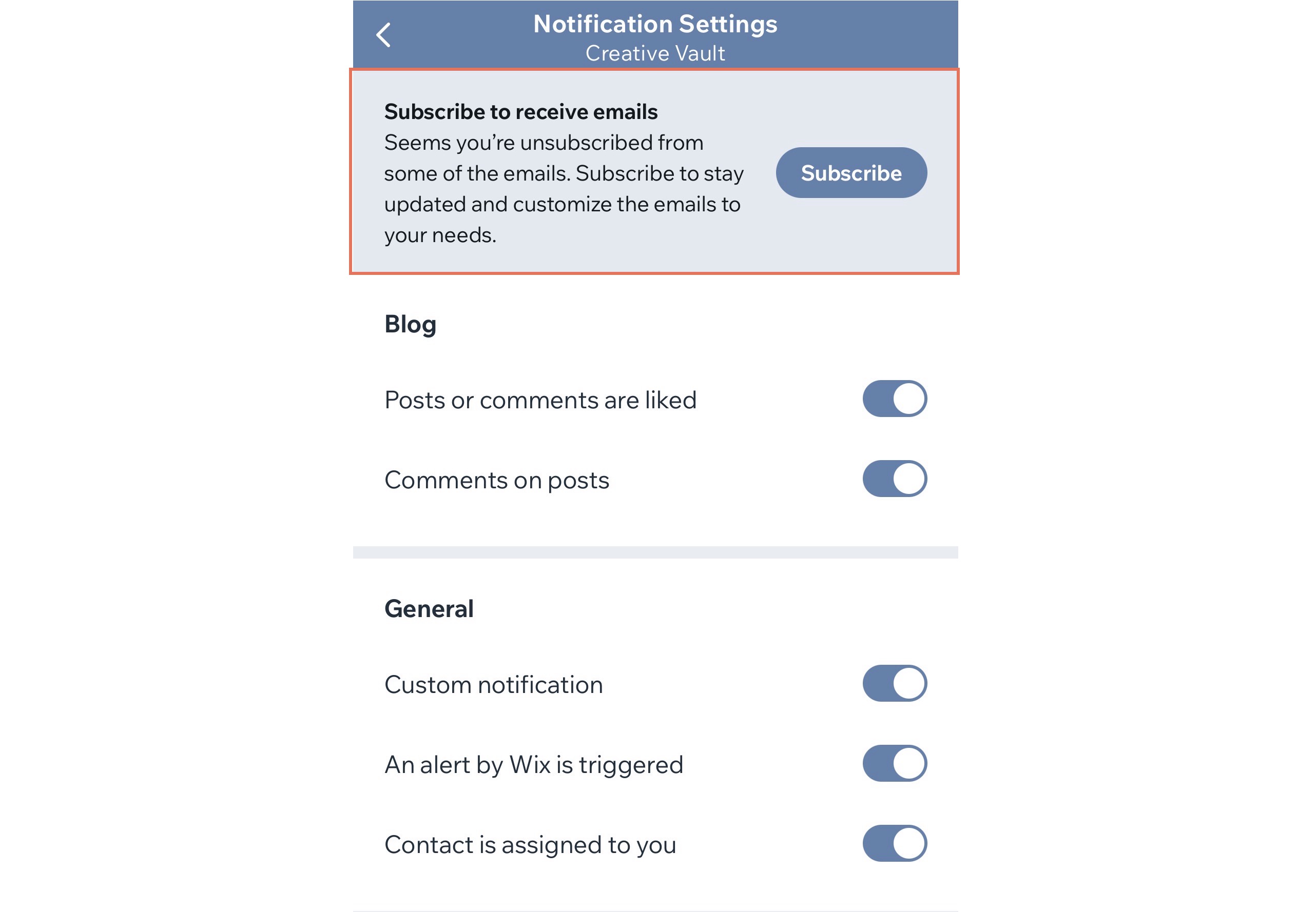 The email notification settings in the Spaces by Wix app, highlighting the popup that lets you subscribe