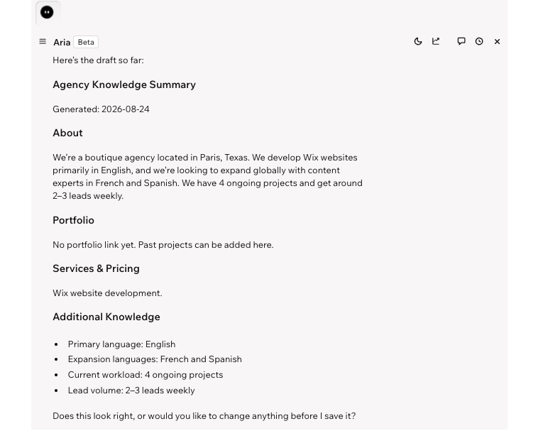 Chat with Aria in the Studio Workspace, Aria is showing the Agency Knowledge Summary for approval