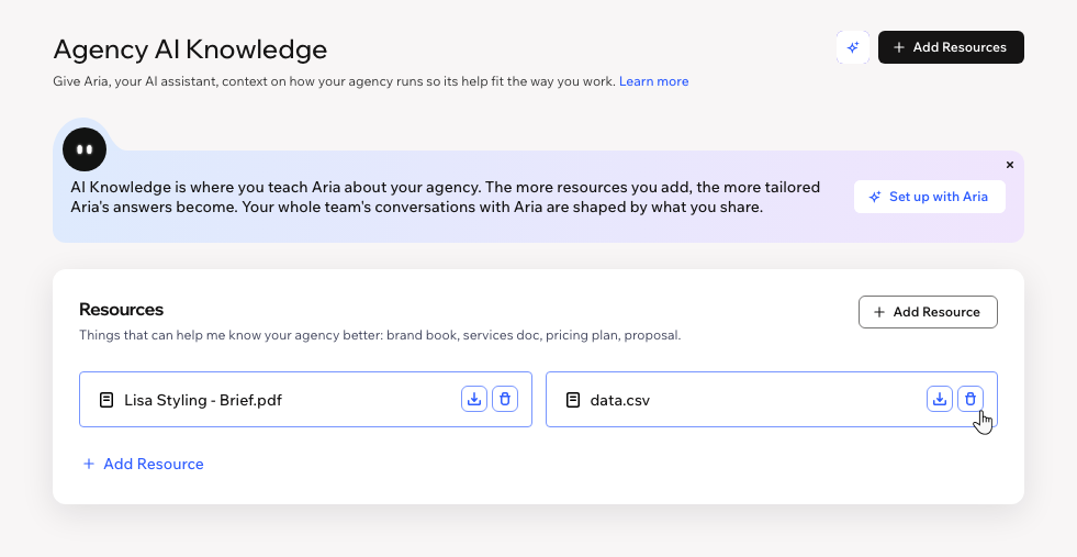 Clicking to delete a resource from the Agency AI Knowledge tab in the Studio Workspace