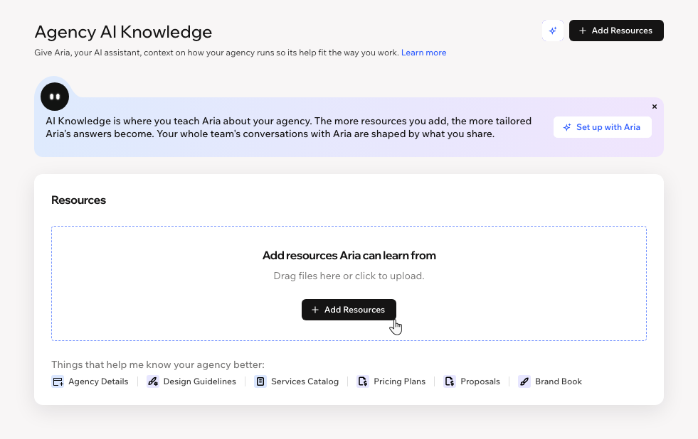 The initial look of the Agency AI Knowledge tab before clicking to add resources to it